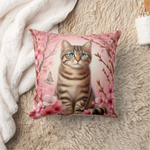 Tabby Cat Japanese Cherry Blossom Flower Kitten Throw Pillow