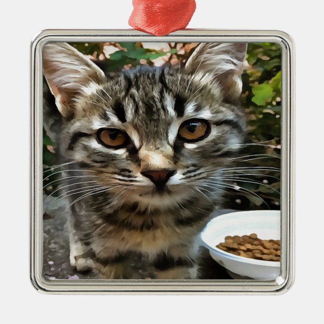 Tabby Cat Kitten Making Eye Contact Metal Ornament (Front)