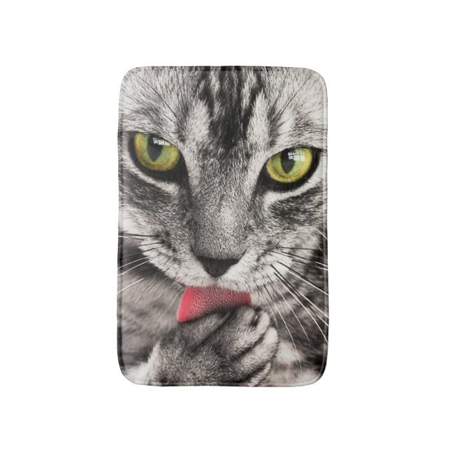 Tabby Cat Licking Paw Bath Mat (Front Vertical)