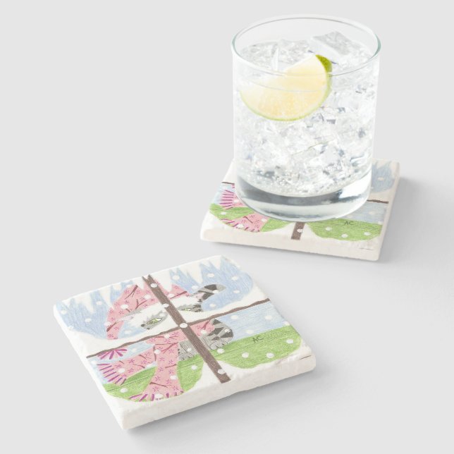 Tabby cat looking out the window stone coaster (Side)