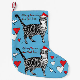 Tabby Cat Merry Blue Red Christmas Stocking