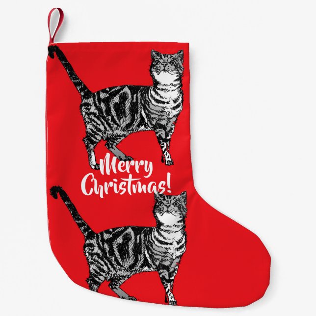 Tabby Cat Merry Cats Red Christmas Stocking (Front)