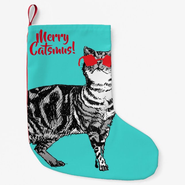 Tabby Cat Merry Catsmus Aqua Christmas Stocking (Front)