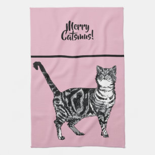 Tabby Cat Merry Catsmus Pink Christmas Cats Kitchen Towel