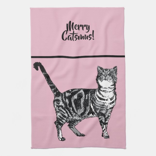 Tabby Cat Merry Catsmus Pink Christmas Cats Kitchen Towel (Vertical)