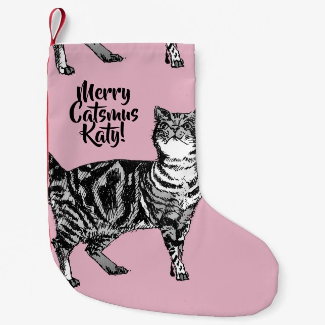 Tabby Cat Merry Catsmus Pink Christmas Stocking (Front)