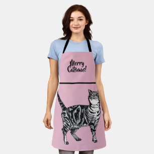 Tabby Cat Merry Catsmus Pink Christmas Stocking Apron