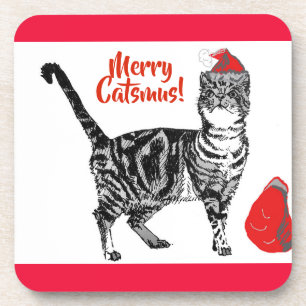 Tabby Cat Merry Catsmus Red Christmas Coaster