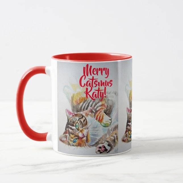 Tabby Cat Merry Catsmus Red Christmas Mug (Left)