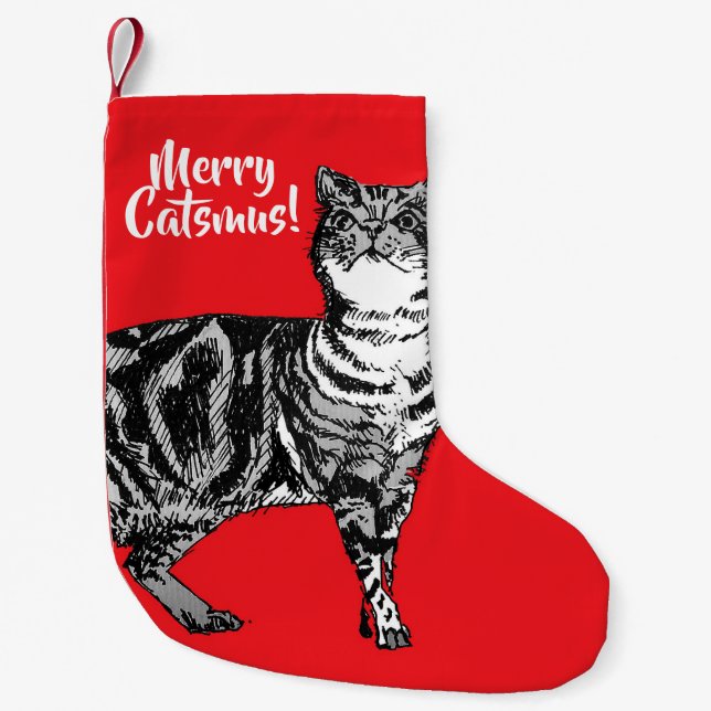 Tabby Cat Merry Catsmus Red Christmas Stocking (Front)