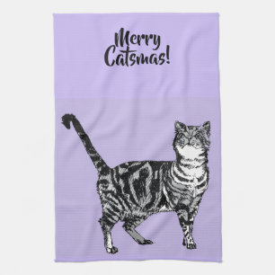 Tabby Cat Merry Christmas Purple Lavender Pastel Kitchen Towel