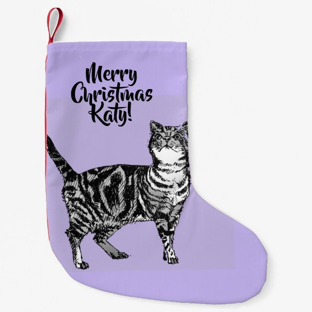 Tabby Cat Merry Christmas Purple lavender Stocking (Front)