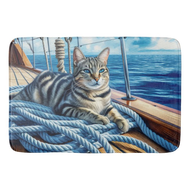 Tabby Cat On Boat Ropes Bath Mat (Front)