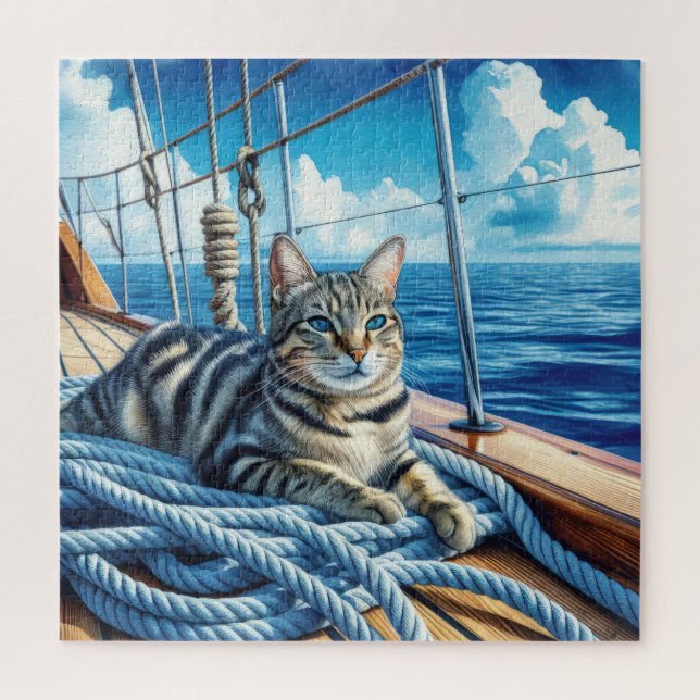Tabby Cat On Boat Ropes Jigsaw Puzzle (Vertical)