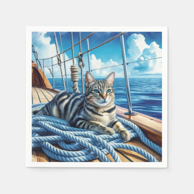Tabby Cat On Boat Ropes Napkin (Front)