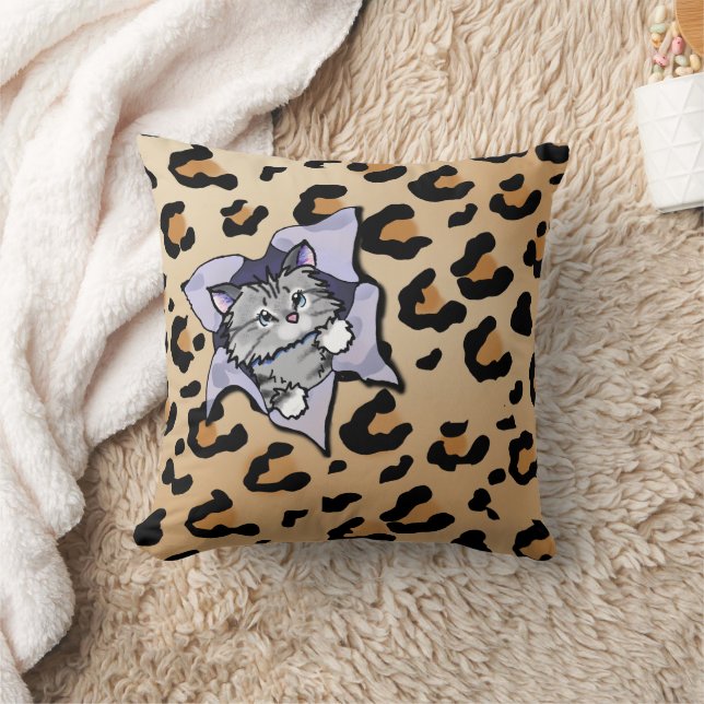 Tabby Cat On Leopard Print Throw Pillow (Blanket)