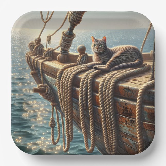 Tabby Cat On Nautical Ropes Paper Plate (Front)