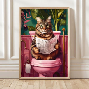 Tabby Cat on Toilet PrintÂ â€“ Funny Bathroom Wall Poster