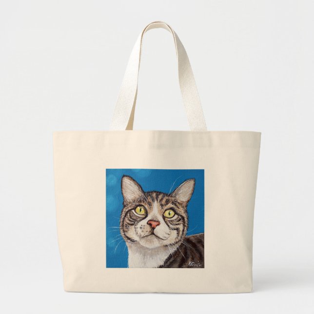 Tabby Cat Painting Large Tote Bag (Front)