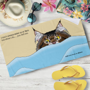 Tabby Cat Peeking Blue Funny Beach Towel