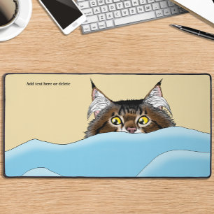 Tabby Cat Peeking Blue Funny Desk Mat