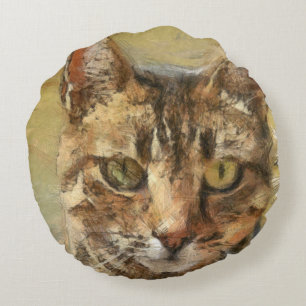 Tabby Cat Pencil Sketch Round Pillow
