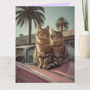 Tabby cat & pink classic car BIRTHDAY Greeting Card