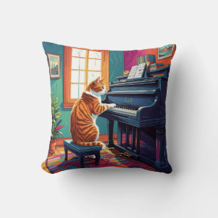 Tabby Cat Playing the Piano Throw Pillow