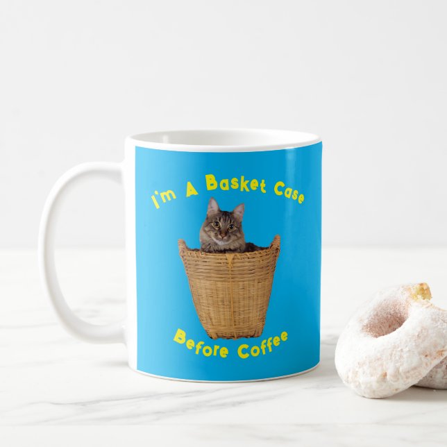 Tabby Cat Says I'm a Basket Case Before Coffee Mug (With Donut)