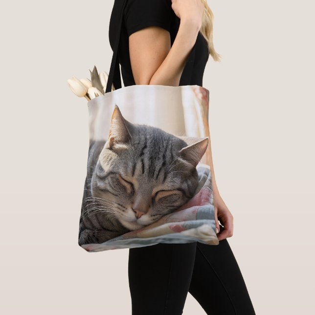 Tabby Cat Sleeping On Old Quilt  Tote Bag (Close Up)