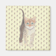 Tabby Cat Square Magnet On Yellow
