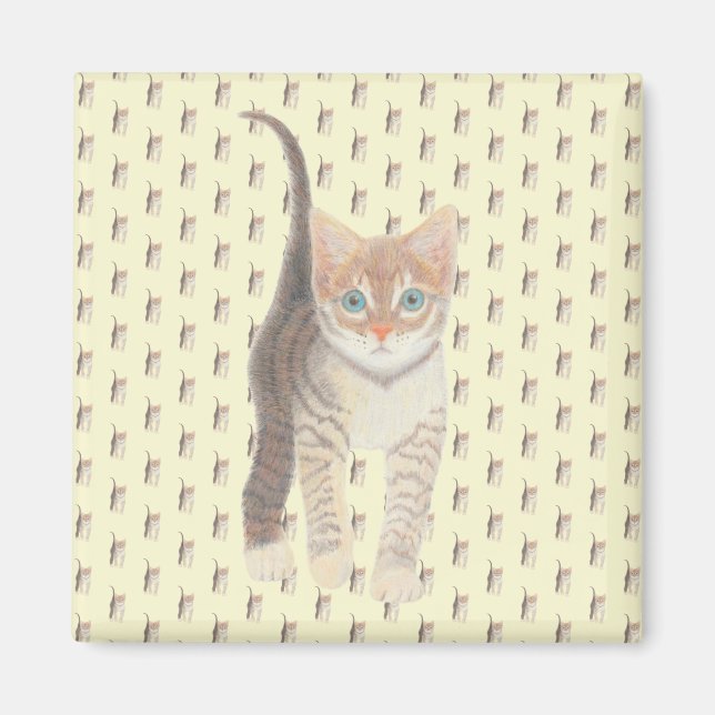 Tabby Cat Square Magnet On Yellow (Front)