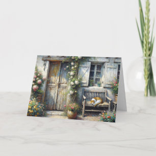 Tabby Cat Sur Ancien Banc Carte Note