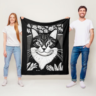 Tabby Cat Surrounded with Flowers Fleece Blanket