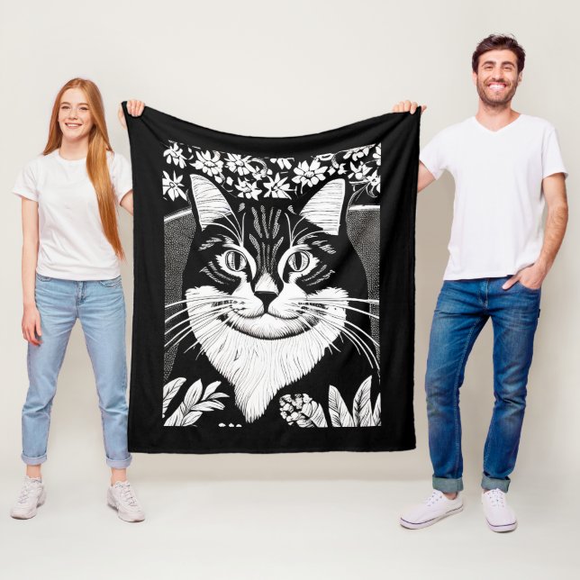 Tabby Cat Surrounded with Flowers Fleece Blanket (In Situ)