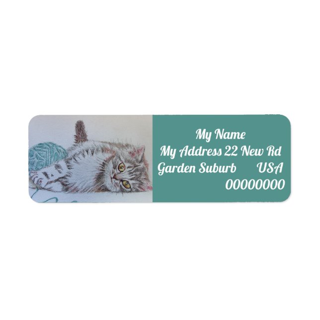 Tabby Cat Teal Playing Wool Return Address Labels (Front)