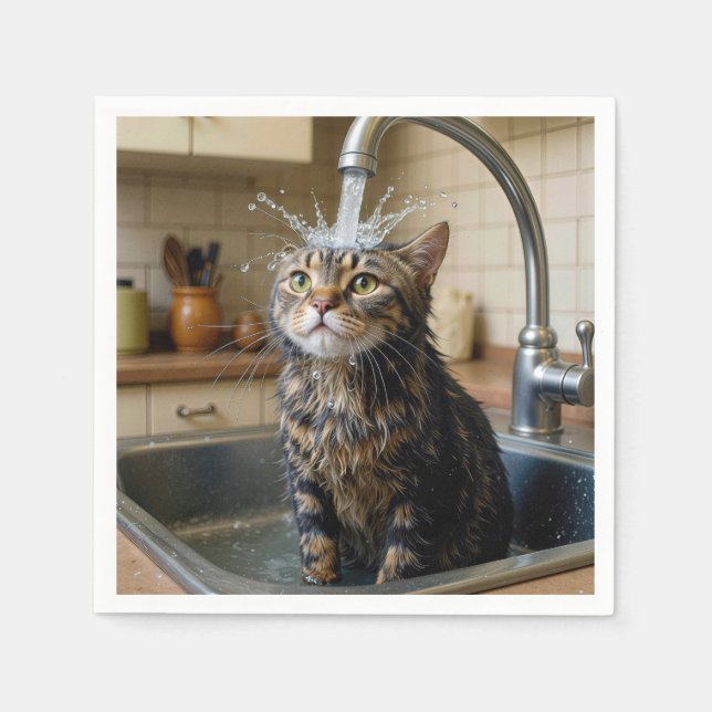 Tabby Cat Under a Kitchen Faucet Napkin (Front)