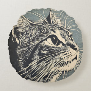 Tabby Cat Vintage Lino Print Round Pillow