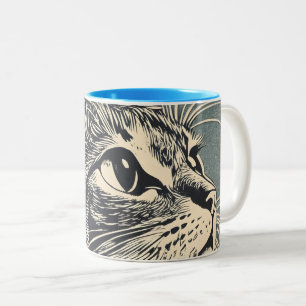 Tabby Cat Vintage Lino Print Two-Tone Coffee Mug