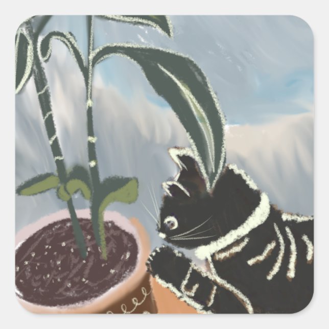 Tabby Cat Watching House Plants  Square Sticker (Front)