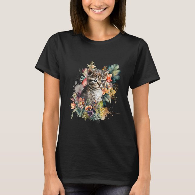 Tabby Cat Watercolor Cute Kitten Cat T-Shirt (Front)