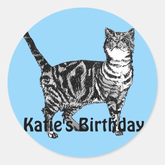 Tabby Cat Whimsical Blue Girls Birthday Sticker (Front)