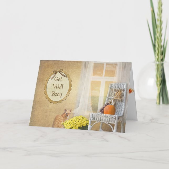 tabby cat with autumn pumpkins get well soon card (Front)