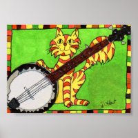 Tabby Cat with Banjo Mini Folk Art