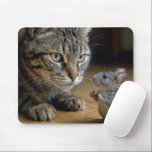 Tabby Cat With Brave Mouse Pad<br><div class="desc">A curious tabby cat fixates on a daring mouse that scurries across the wooden floor,  creating an intense standoff between predator and prey</div>