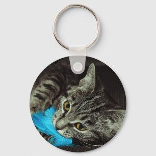 Tabby Cat with Feather by Shirley Taylor Keychain