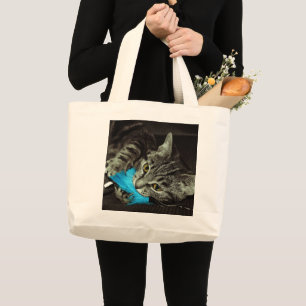 Tabby Cat with Feather by Shirley Taylor  Large Tote Bag