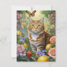 Tabby cat with flowers postcard