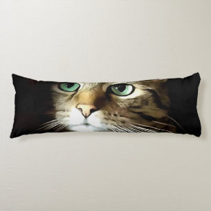 Tabby Cat With Green Eyes Isolated On Black Body Pillow