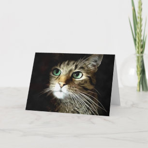 Tabby Cat With Green Eyes Isolated On Black Card